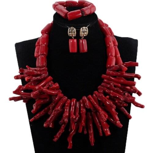 Big Coral African Jewelry Fashion Necklace Set Wine Red Original Coral Beaded Women Jewelry Set Chunky Statement Jewelry CNR034