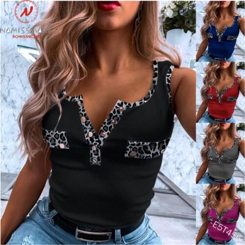 Fashion Women Summer Casual Tanks Patchwork Design Button Decor O-Neck Sleeveless Leopard Print Slim Pullovers Top