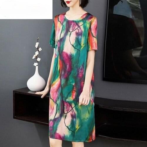 Summer Womens Faux Mulberry Silk Midi Dress Vintage Plus Size Print Elegant Women Bodycon Party Dresses Vestidos 2021 Y322