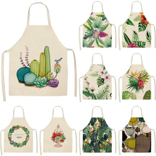 1Pc Tropical Plants Cactus Kitchen Chef Apron for Women Home Cooking Baking Coffee Shop Cotton Linen Cleaning Aprons 53*65cm