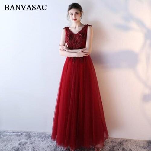 BANVASAC 2018 Flowers Appliques V Neck Beading A Line Long Evening Dresses Lace Sash Backless Party Prom Gowns