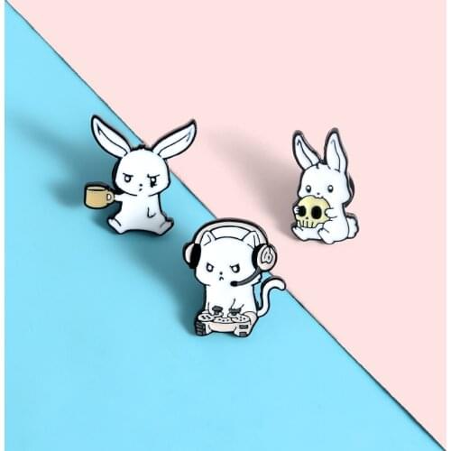 Rabbit Cat Animal Enamel Pins Drink Eating skull Play games Cartoon Brooches Badges Cute Pins Gifts for Women Wholesale Jewelry