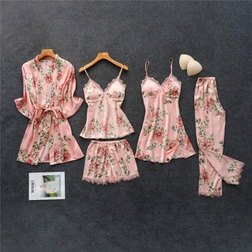 FZSLCYIYI Flower print 5PC set With chest pad Pajamas Set Women Pajama sets Womens Pajamas Nightwear Soft Lounge Sets