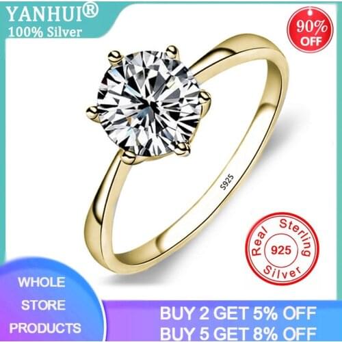 YANHUI Classic Six Claw Gold Color Ring 6mm Zirconia Wedding Rings for Bridal Christmas Gift for Women Jewelry Engagement Ring
