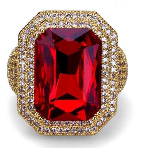 Best Quality Gold Color Big Red Stone Hip Hop Men Ring Famous All Iced Out Micro Pave Ring Punk Rap Jewelry Size 7-11