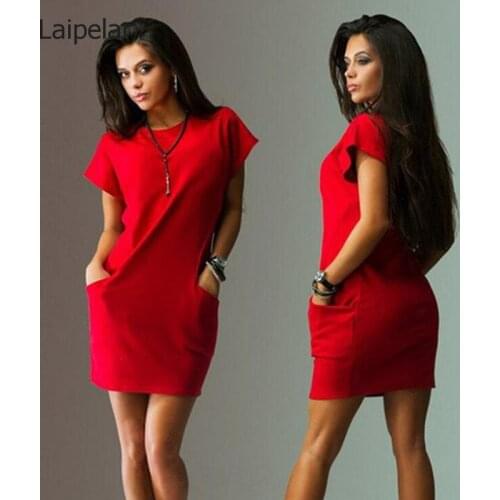 Summer Dress Women Short Sleeve O Neck Mini Dress Bodycon Pocket Loose Casual Female Dress Office Lady Work Dress Vestidos