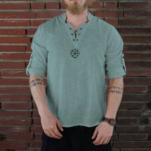 Medieval Viking Costume Embroidery Linen Cotton T Shirt Renaissance Mens Pirate Short Sleeves Chest Tops Lace Up For Adult