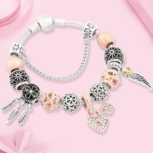 Leabyl New Arrival Rose Gold Color Ball Heart Pendant Charm Bracelets Tibetan Silver Dream Catcher Wings Pendant Bead Bracelet