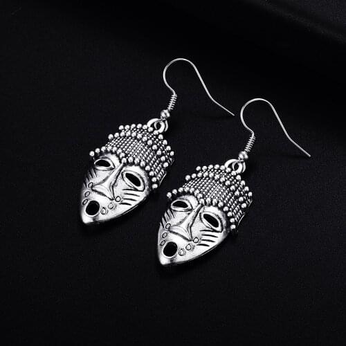 Trendy Vintage Mask Shape Dangle Antique Silver Plated Earrings for Women Girl Retro Drop Earrings Cute Earring Jewelry Bijoux