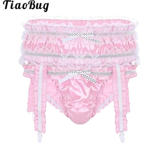 TiaoBug Men Soft Shiny Satin Sissy Panties Lingerie Ruffle Frilly Low Rise Stretchy Briefs with Garters Sexy Male Gay Underwear