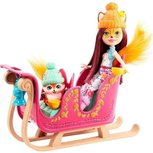 Enchantimals Main Character Doll Felicity Fox and Flick Cute Animal Friend for Girls Snowtastic Sled Set Collectible Models Snow