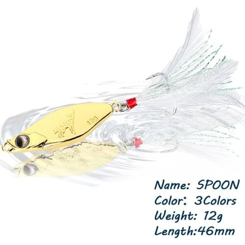 GOBYGO 1PCS 46mm/12g Fishing Lures Sequin Spoon Bait Sinking Hard Bait Feather Treble Hook Wobbler Metal Bait Jigging Fishing