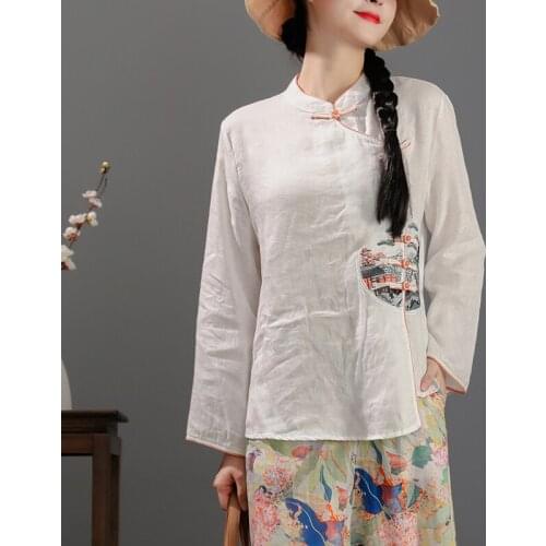 Spring Summer 100% Linen Ethnic Embroidery One Size Full Sleeves Tai Chi Martial Arts Shirt Clothes