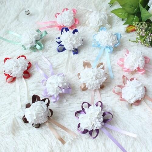 YO CHO 15PCS Wedding Planner Bride Wrist Corsage Bracelet White Rose Silk Foam Flower Bridesmaid Sister Hand Flowers Party Decor