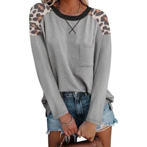 Leopard Print Women Long Sleeve T-Shirts Stitching Womens Clothing Autumn Round Neck Pocket Pullover Top T Shirts Streetwear