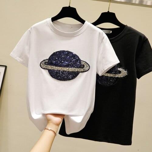 White T Shirt Women Cotton Summer Tops Sequin Fashion Short Sleeve Korean Fashion Female T-shirt Casual Black Tee Shirt Femme