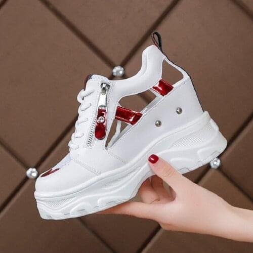 2020 Summer Women Sandals 9cm Wedges Hollow Out Sneakers Ladies Breathable Mesh Platform Casual Shoes Woman White Shoes