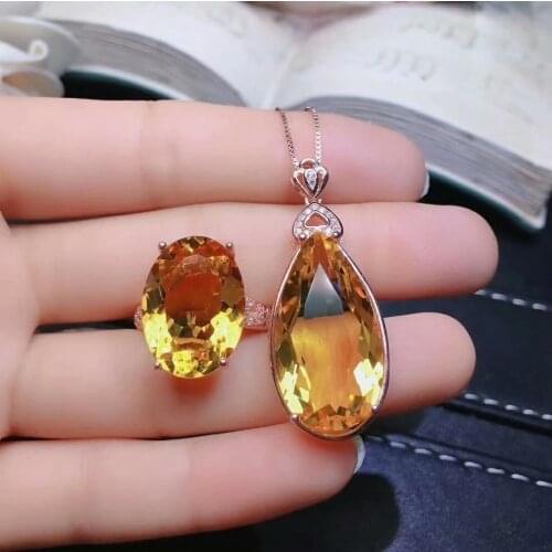 Shilovem 925 sterling silver Piezoelectric citrine Rings pendants send necklace Jewelry women trendy wedding mtz10141325agj