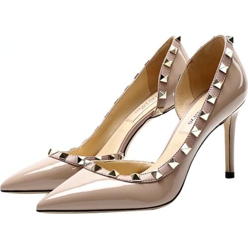 2021 New Shallow Mouth Pointed Toe Hollow Rivet Heels for Women Autumn Fashion Outdoor Dress Party Thin Heels Pumps High Heels