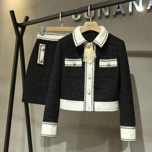 New High Quality Autumn Winter Tweed 2 Piece Set Women Pearl Button Bowknot Woolen Jacket Coat + Mini Skirt Suits Female Outfits