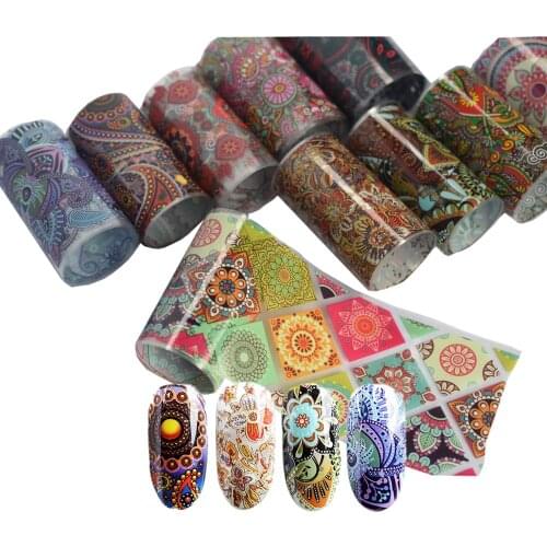 10Pcs 4*100cm Paisley Colorful Nail Foils Bohemia Nail Art Transfer Sticker Decal Mandala Slider Decals DIY Nail Tips Decoration