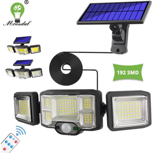 192 SMD COB LED Outdoor Solar Lights 3 Heads Wall Lamp Motion Sensor 270 Wide Angle Illumination Waterproof with Remote Control