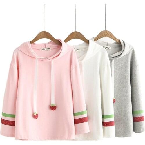 2021 Summer Sweet Girl Hoodies Korean Student Strawberry Drawstring Cotton Hooded Loose Harajuku Sweatshirts Women Pullovers