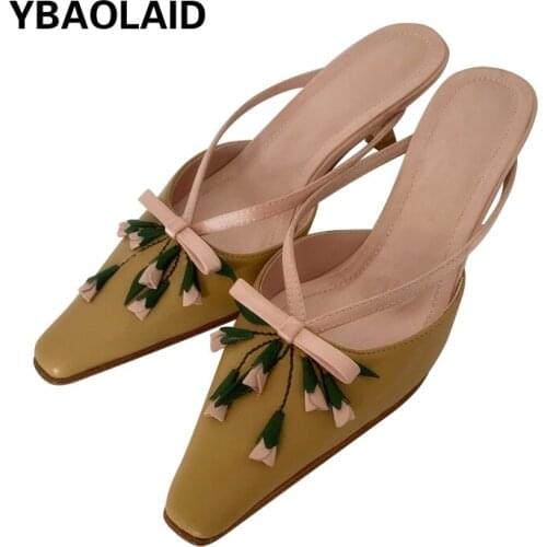 Nude Color Small Flower Bow Knot High-heeled Half-drag Sandals Women Summer New Retro Leather Plant Flower Stiletto Shoes