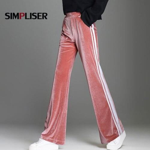 Wide Leg Pants For Women 2018 New Pleuche Loose Striped Casual Trousers Black Pink Drawstring Waist Female Sport Jogger Pants