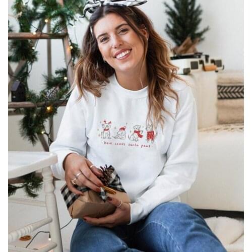 Colored Here Comes Santa Paws Sweatshirt Cute Dog Mom Holiday Gift Pullovers Funny Women Long Sleeve Christmas Sweatshirts
