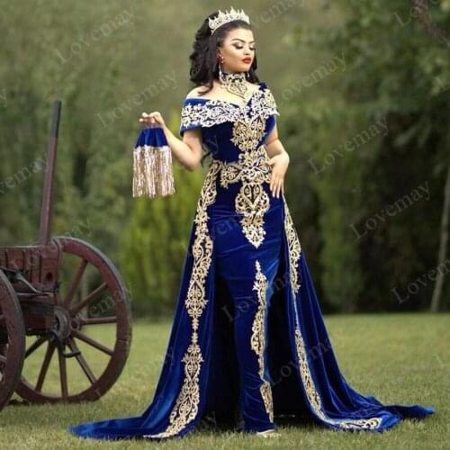 Royal Blue Caftan Evening Dresses Long Elegant Sweetheart Gold Lace Appliques Prom Dresses Turkish Couture вечернее платье Robes