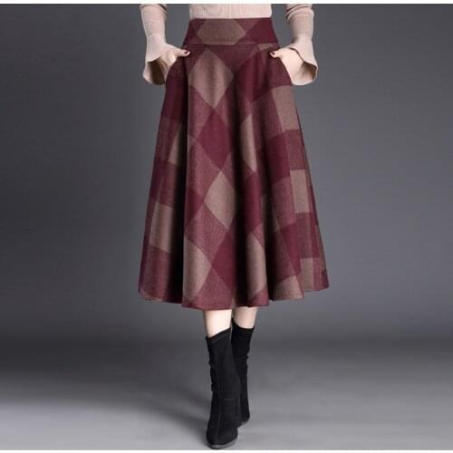 Hot Sale Winter Warm Wool Skirt Woman Fashion Pockets A-Line Elegant Retro Plaid Long Skirts Female Fall 2020 New Arrival Fladas