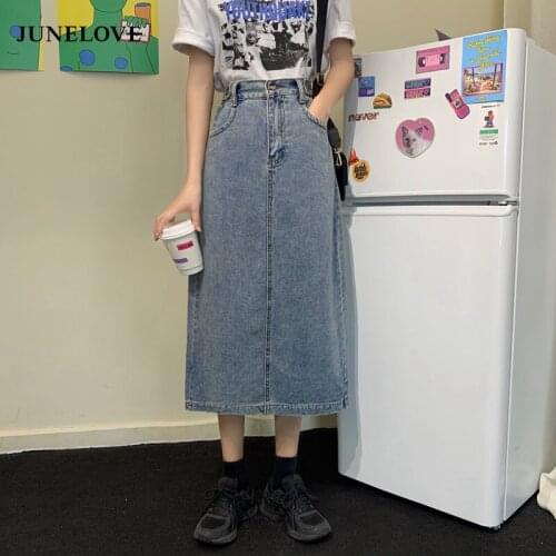 JuneLove Retro Long Midi Denim Skirts Women High Waist Button Pockets Split Jeans Straight Skirts Plus Size Autumn Spring Bottom