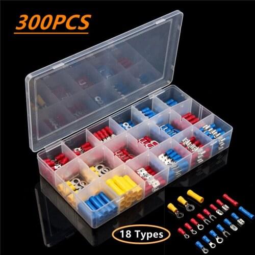 300PCS 18Types Electrical Connectors Insulated Crimp Lug Ring Fork Spade Terminals Male And Female Set Butt Connectors