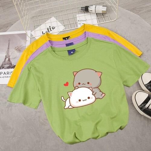 Korean Summer T Shirt Cartoon Cat Print Couple for Women T Shirt O-neck Casual Cotton Kawaii T-shirt Men Top Harajuku Graphic
