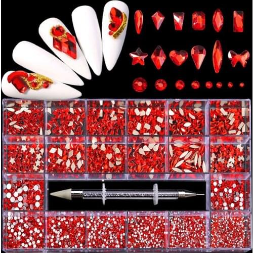 Beginning-Beauty 21 Grid Red Rhinestone Decorations for Nails Art Fashion Glass Nail Rhinestones Sticker for DIY Manicure Design