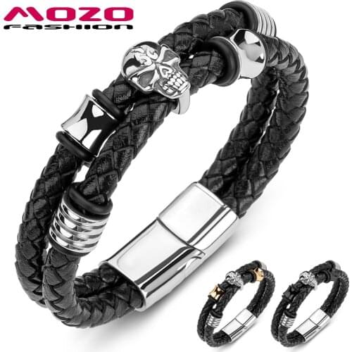 Male Bracelet Braided Genuine Leather Rope Chain Domineering Skull Punk Bangle Skeleton Jewelry