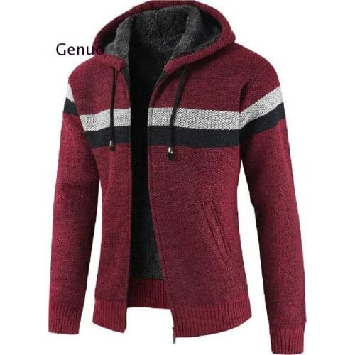 2020 Autumn Men Hooded Wool Cardigan Sweater Jumper Men Winter Fashion Striped Pockets Knit Outwear Coat Sweater Men