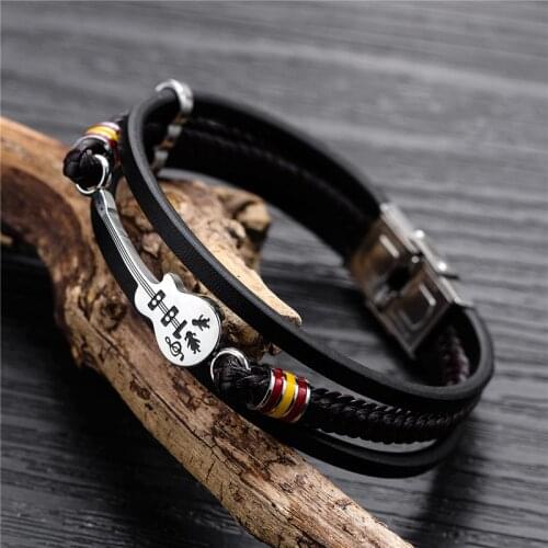 18G 22Cm Korean Version Retro Bracelets For Men Pu Leather Black Fashion Trend Stainless Steel Mini Guitar Vintage Jewelry