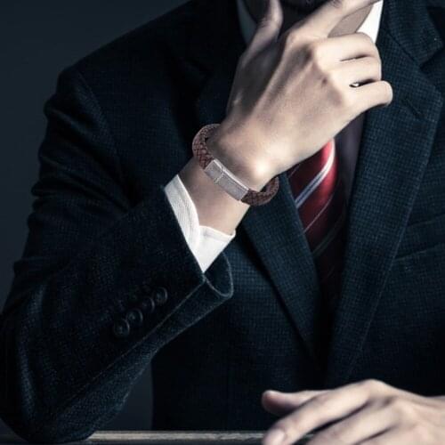 2021 New Classic Woven Leather Rope Wrapping Men Bracelet Casual Male Titanium Steel Stones Magnetic Buckle Hand Chain Gifts