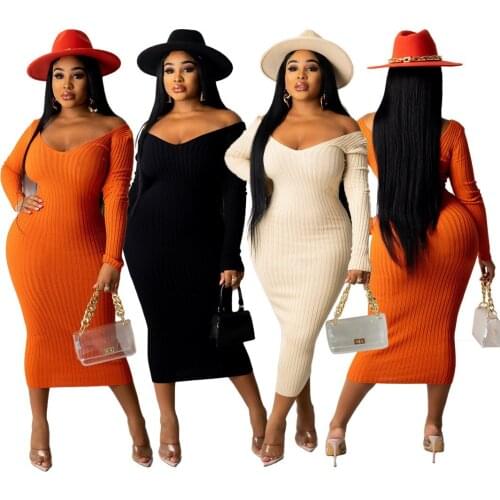 Dresses for Women 2021 Autumn Sexy V-neck Strapless Solid Color Ribbed Casual Party High Stretch Dress Wholesale Dropshipping