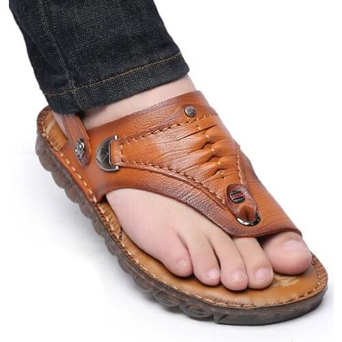 Summer Genuine Leather Sandals Mens Soft Bottom Wear-Resistant Dual use Slippers flip flops men beach shoes big size 45 46