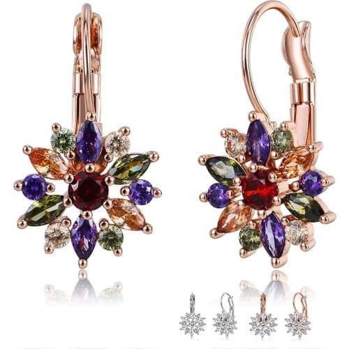 ZEMIOR 3 Colors Stud Earrings For Women Luxury Multicolor Flower Shining Cubic Zirconia Stone Earring Jewelry Birthday Gift