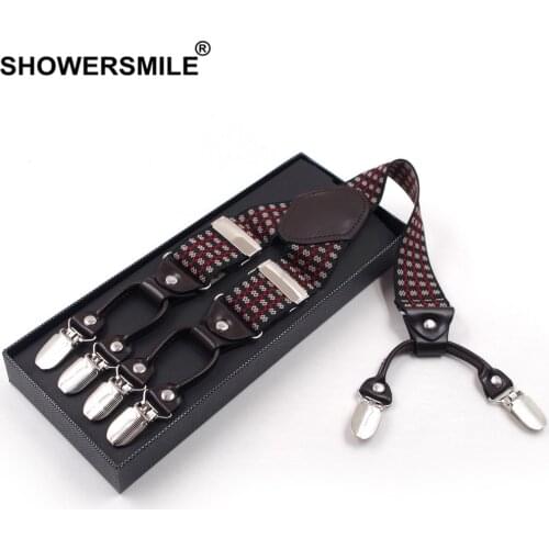 SHOWERSMILE Men Suspenders Leather 6 Clips Male Pants Strap Plaid Argyle Formal Elasticated Adult Suspender Mens Shirt Braces
