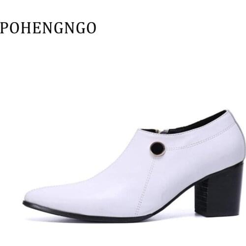 Classic white Genuine leather men wedding shoes luxury party pointed dress shoes Increased 7 cm High heels mens business shoes