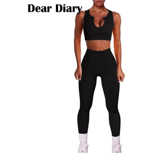 Women Sportswear Yoga Set Workout Fitness 2 Piece Seamless Ribbed Tank High Waist Yoga Leggings Tights Crop Tops Gym Clothing