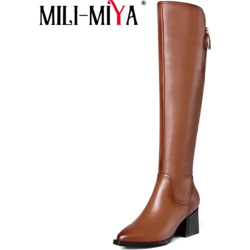 MILI-MIYA Genuine Leather Big Size Handsome Long Boot Thick Mid Heel Sexy Pointed Toe Women Zipper Riding Knee-High Shoes
