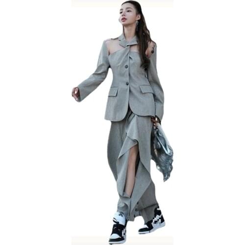 Irregular Hollow Out Suit Blazer Coats Two Piece Set Women Top and Pants Asymmetry Hollow Out Long Wide Leg Pants Pant Sets 2021