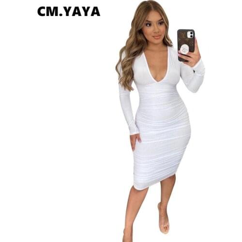 CM.YAYA Women Midi Dress Stacked Solid Full Sleeve V-neck Stretchy Skinny Bodycon Pencil Dresses Sexy Fashion Vestidos Autumn
