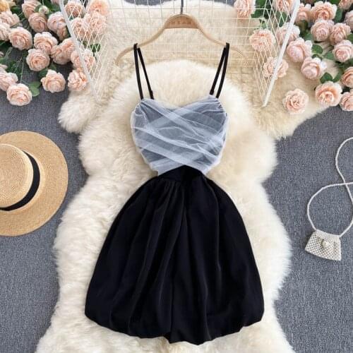 Korobov Summer Dress Mesh Patchwork Party Night Black Dress Korean Spaghetti Strap Slash Neck Elegant Vestidos Femme